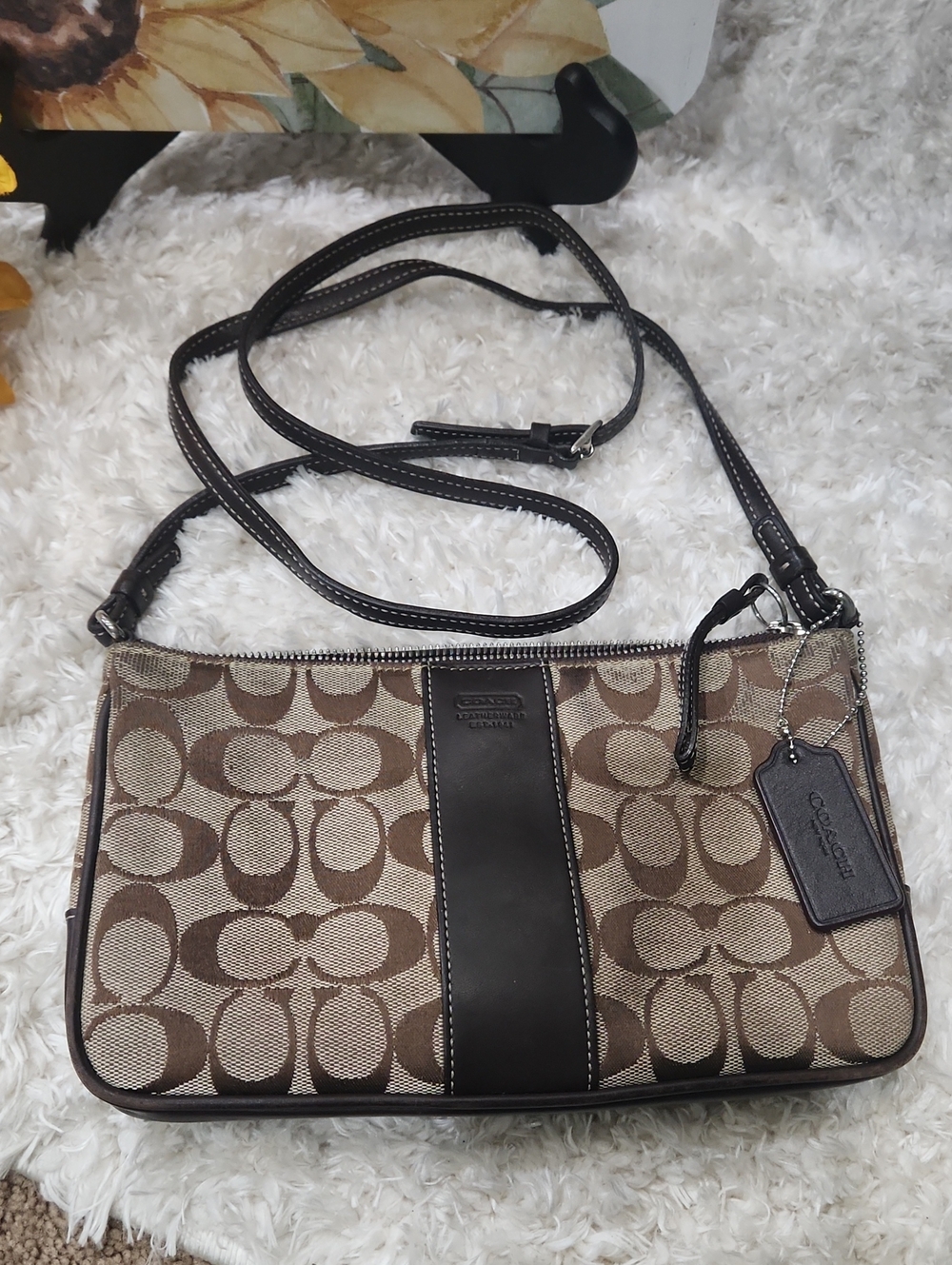 Coach Brown Canvas Signature Crossbody with Dark Brown Leather Trim